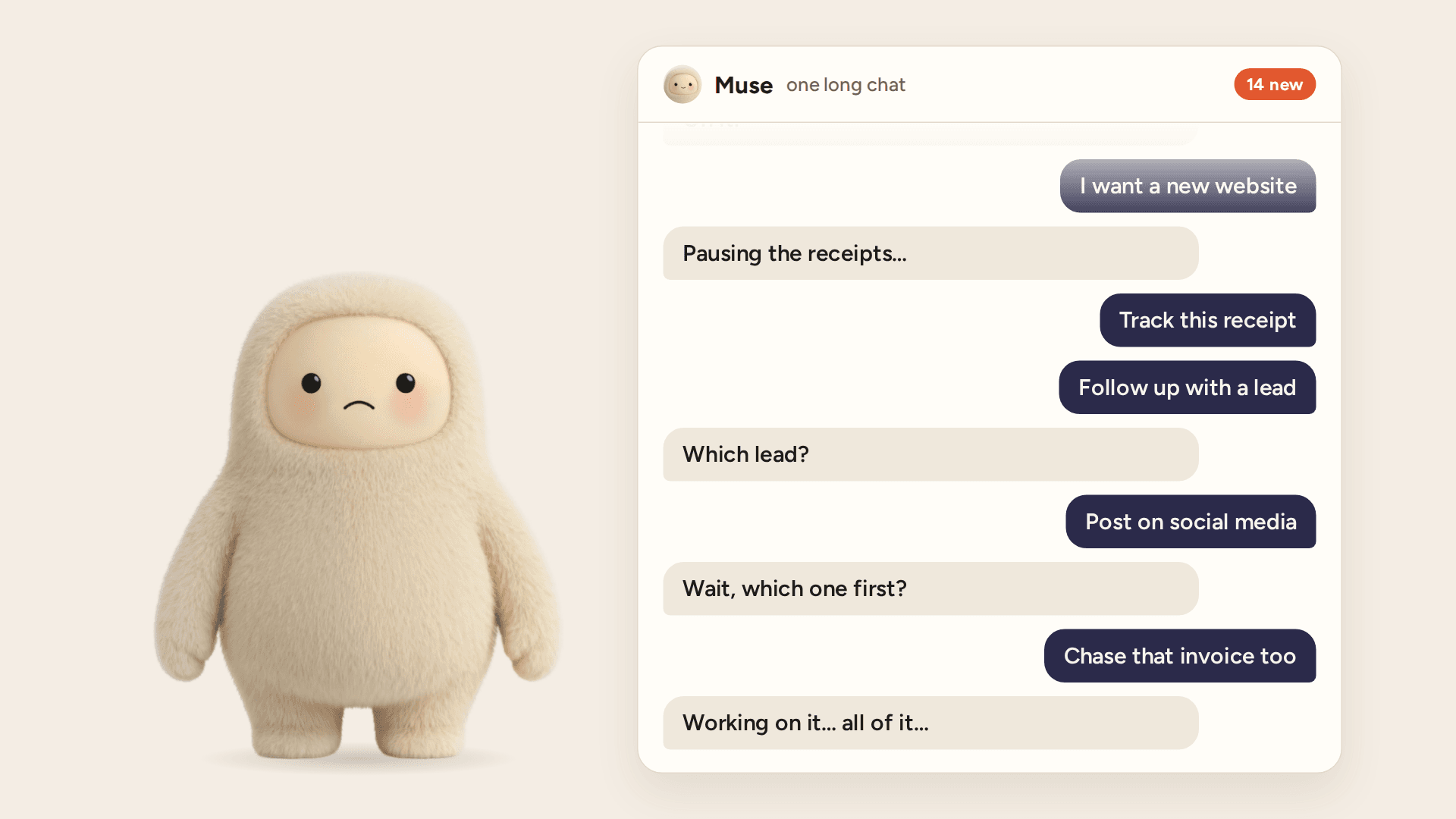 A single hatless Muse under one chat thread filled with website, receipt, lead, social media, and invoice requests